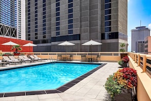 Outdoor pool, pool umbrellas, pool loungers