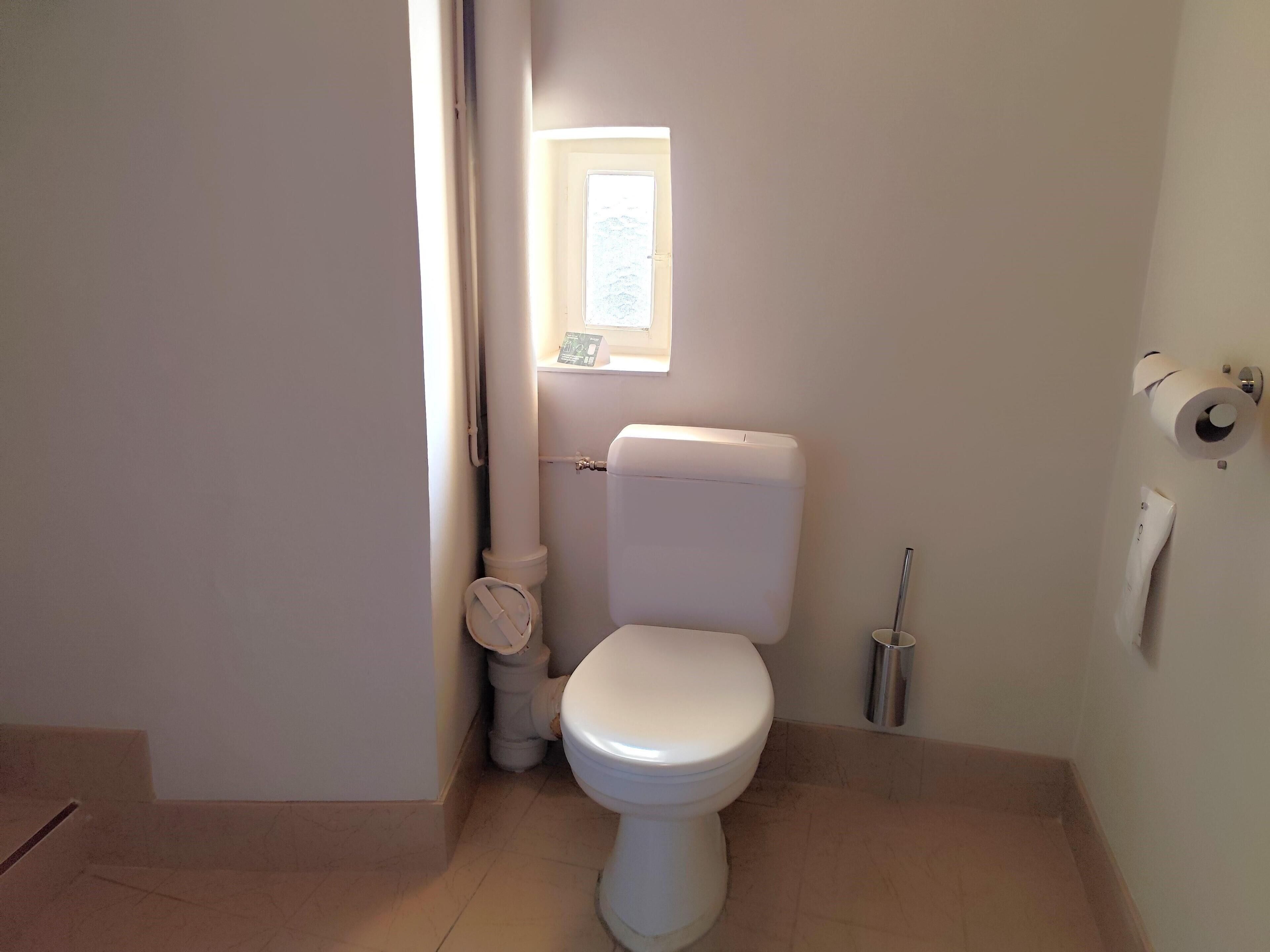 A small, clean bathroom with a toilet, a window, and a toilet paper holder.