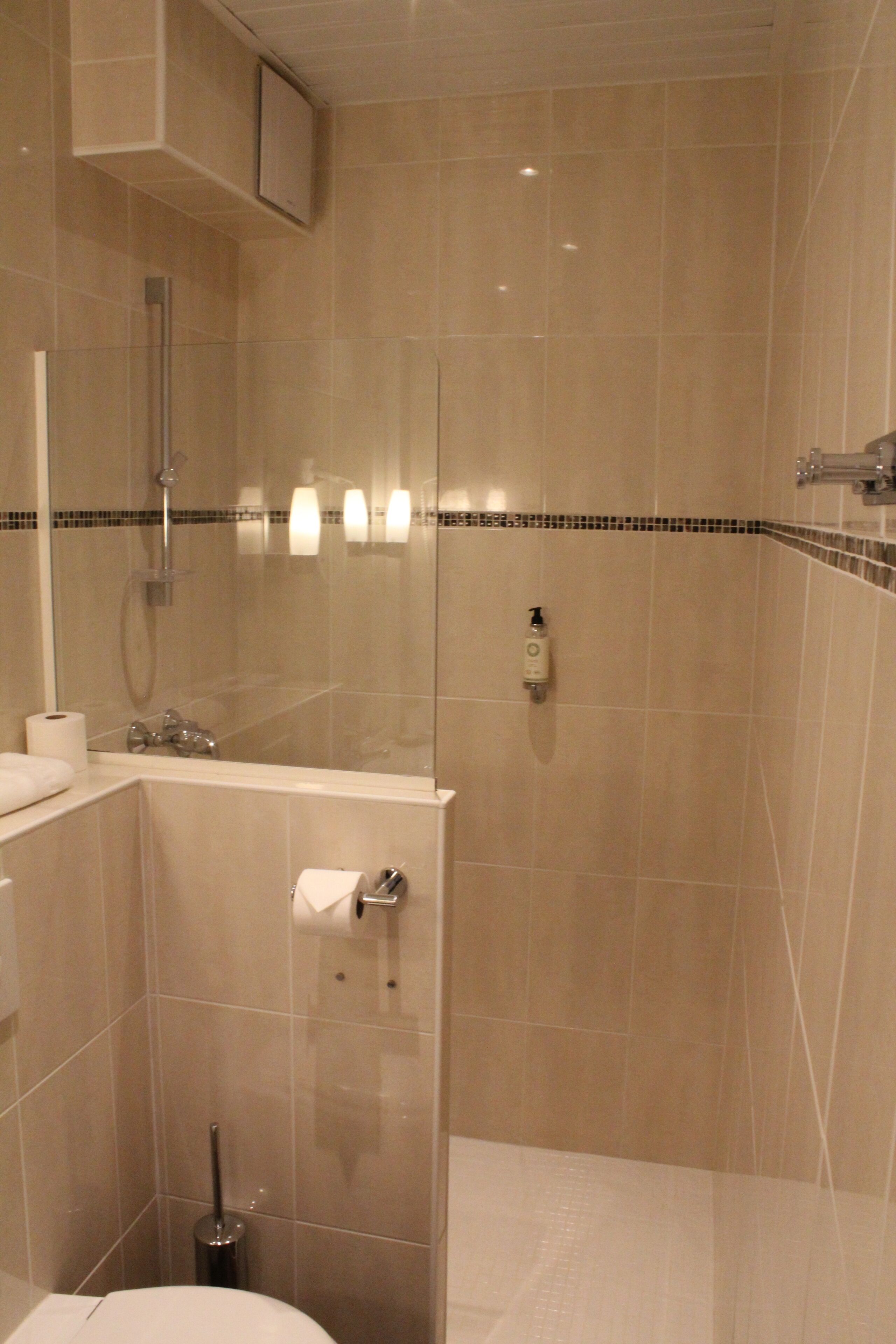 A modern bathroom with a glass-enclosed shower, a toilet, and a sink.