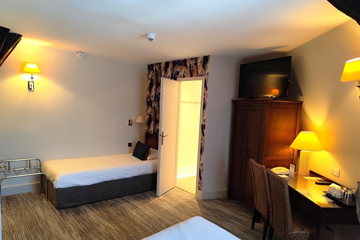 A hotel room with a bed, a desk with a chair, a television, and a wardrobe.