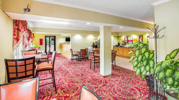 A hotel lobby with a red patterned carpet, multiple seating areas, a reception desk, and a large green plant.