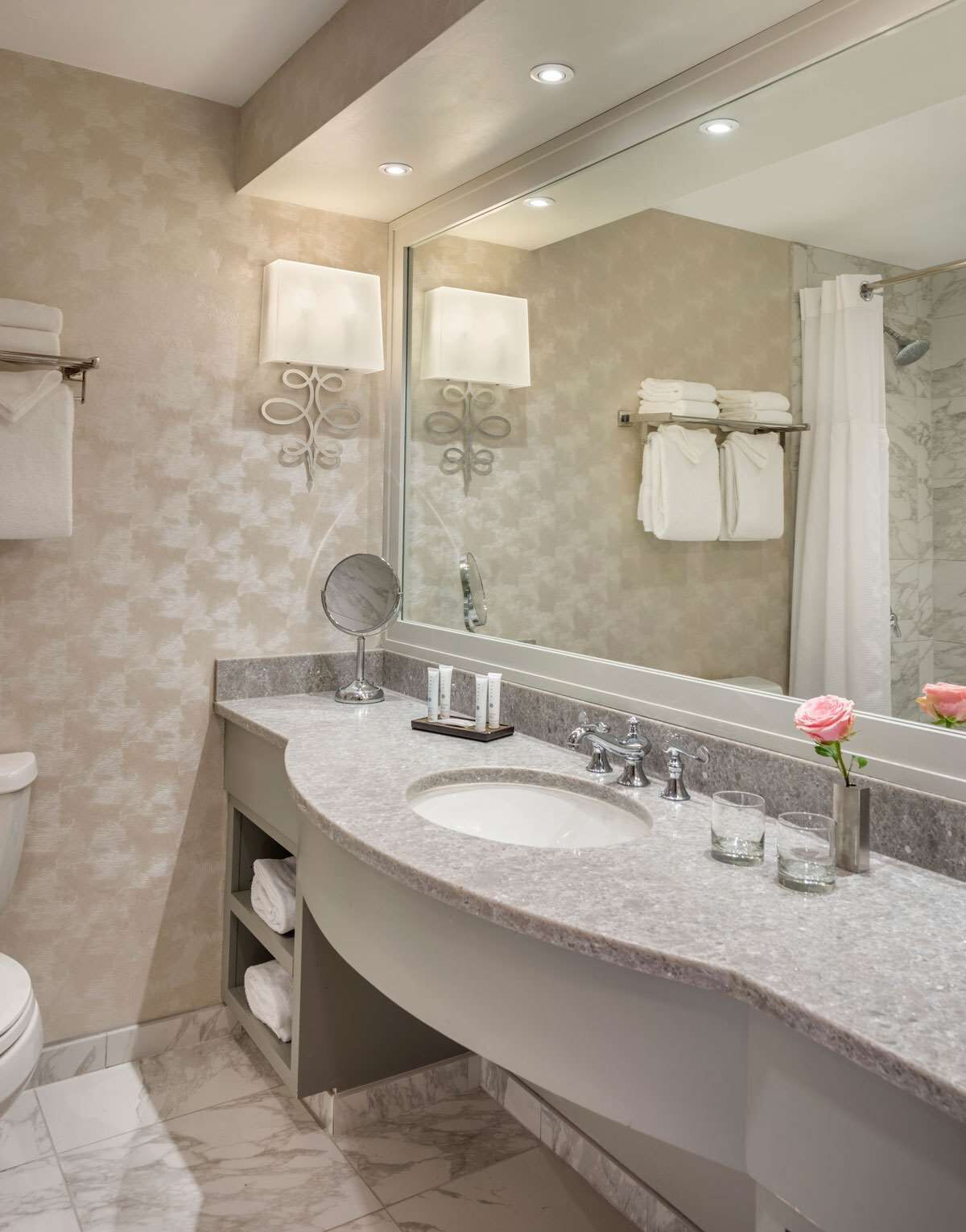 premium bedding, pillow-top beds, desk, blackout curtains