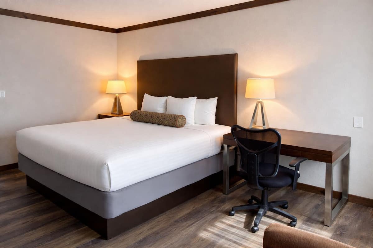 Habitación de hotel con una cama grande, dos lámparas de noche, un escritorio y una silla.