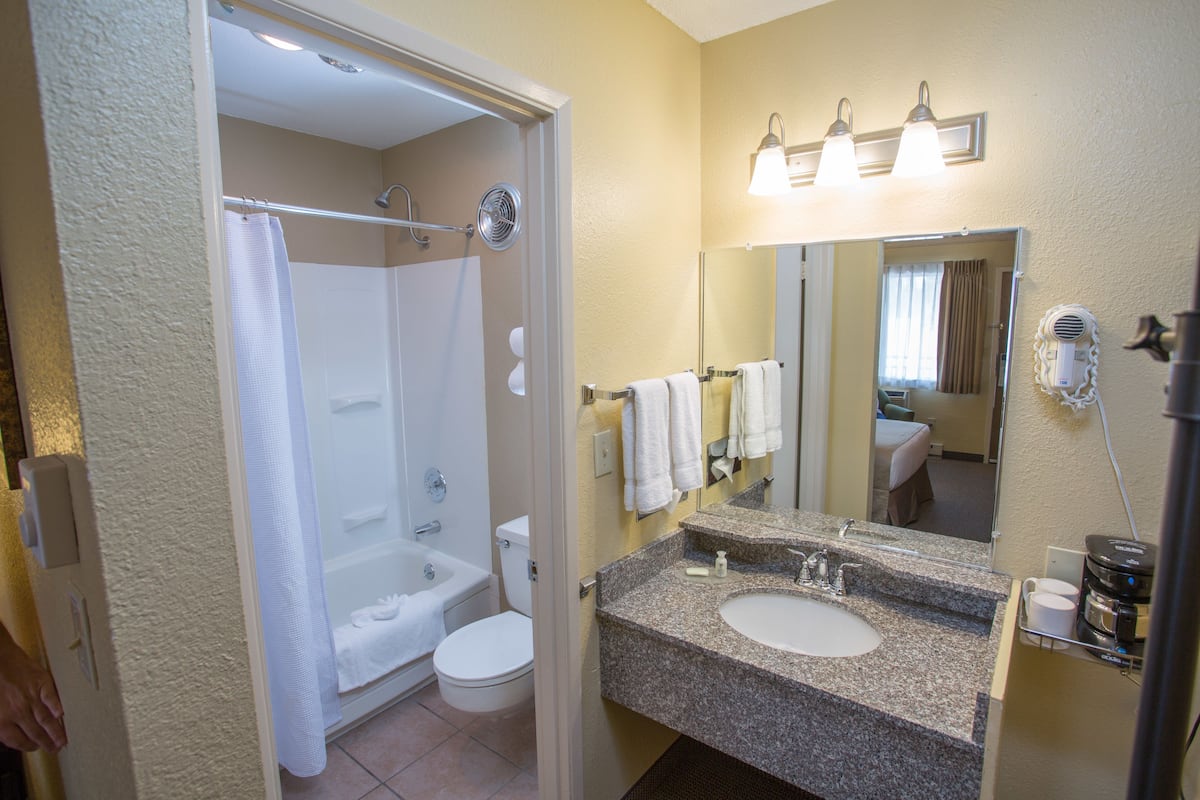 combined shower/bathtub, hair dryer, towels