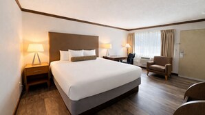 A hotel room with a large bed, two bedside tables with lamps, a desk, a chair, and a wardrobe.
