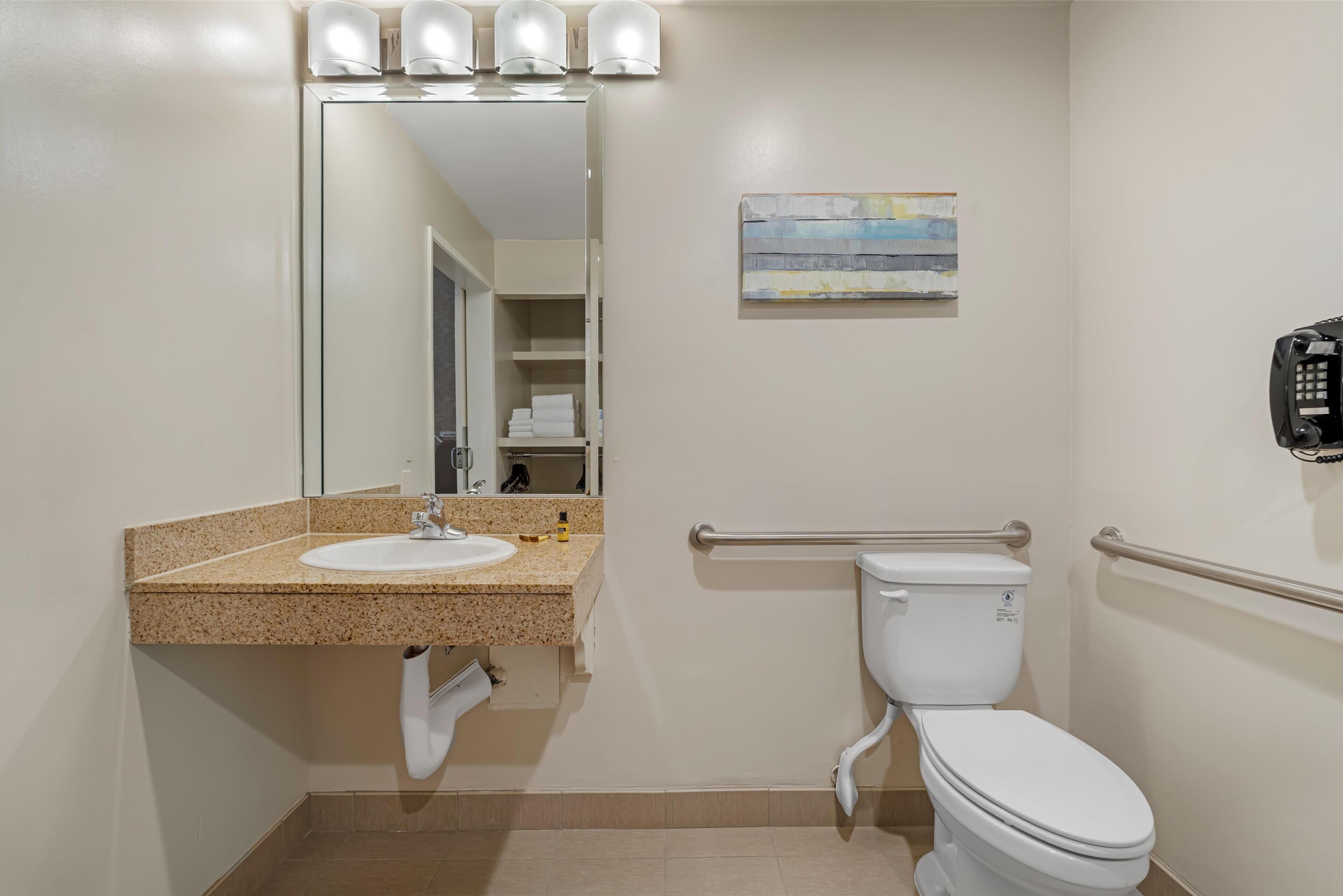 A bathroom with a sink, mirror, toilet, and handrails.