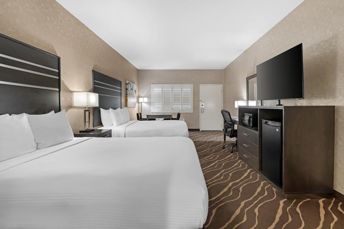 Standard Room, 2 Queen Beds, Accessible, Refrigerator & Microwave (Walk-in Shower) | Desk, laptop workspace, iron/ironing board, free cribs/infant beds