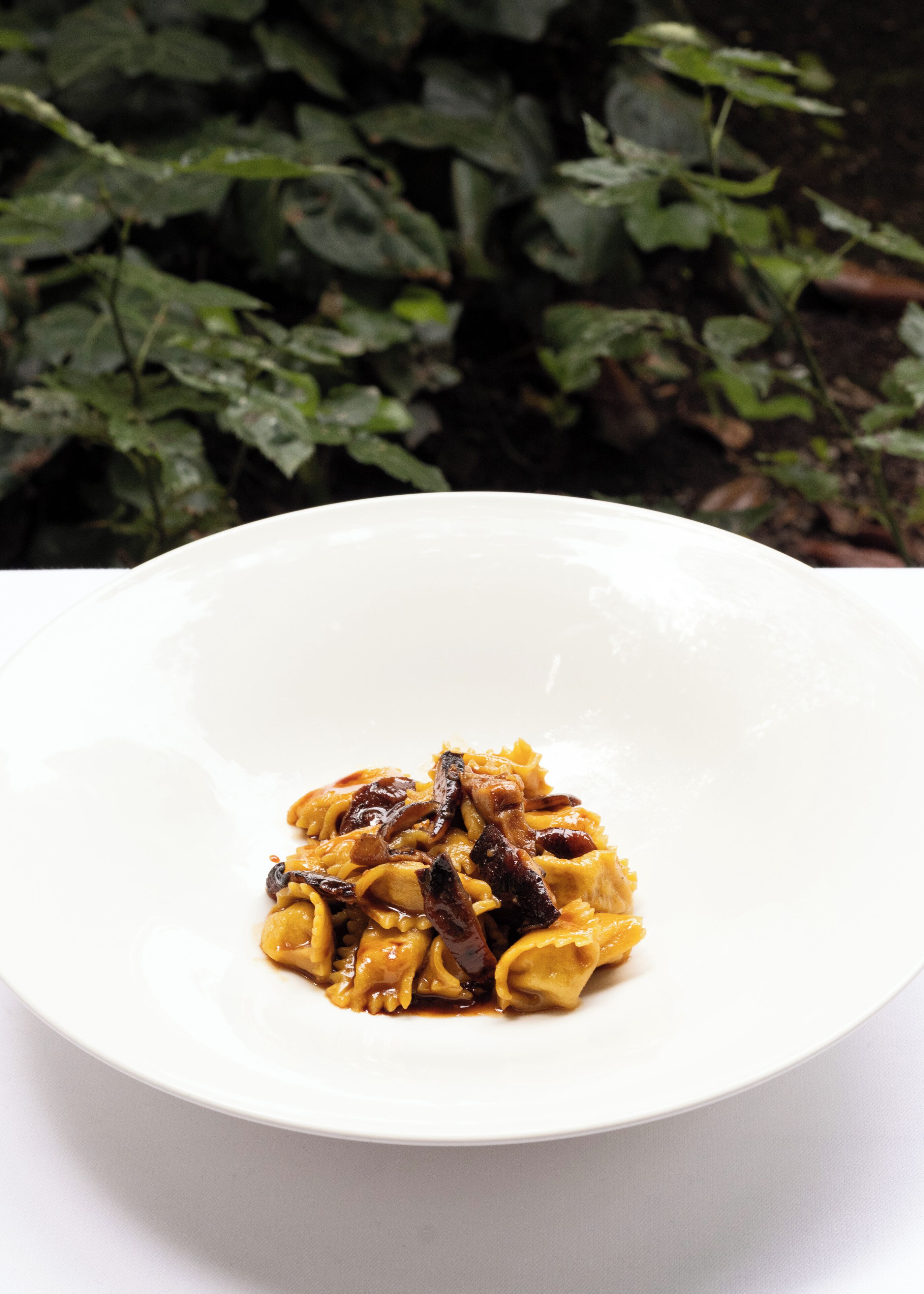 A white bowl of pasta with mushrooms and sauce on a white surface.