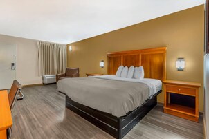 Habitación de hotel con una cama grande, una mesita de noche de madera, una silla, un escritorio y un aire acondicionado de pared.