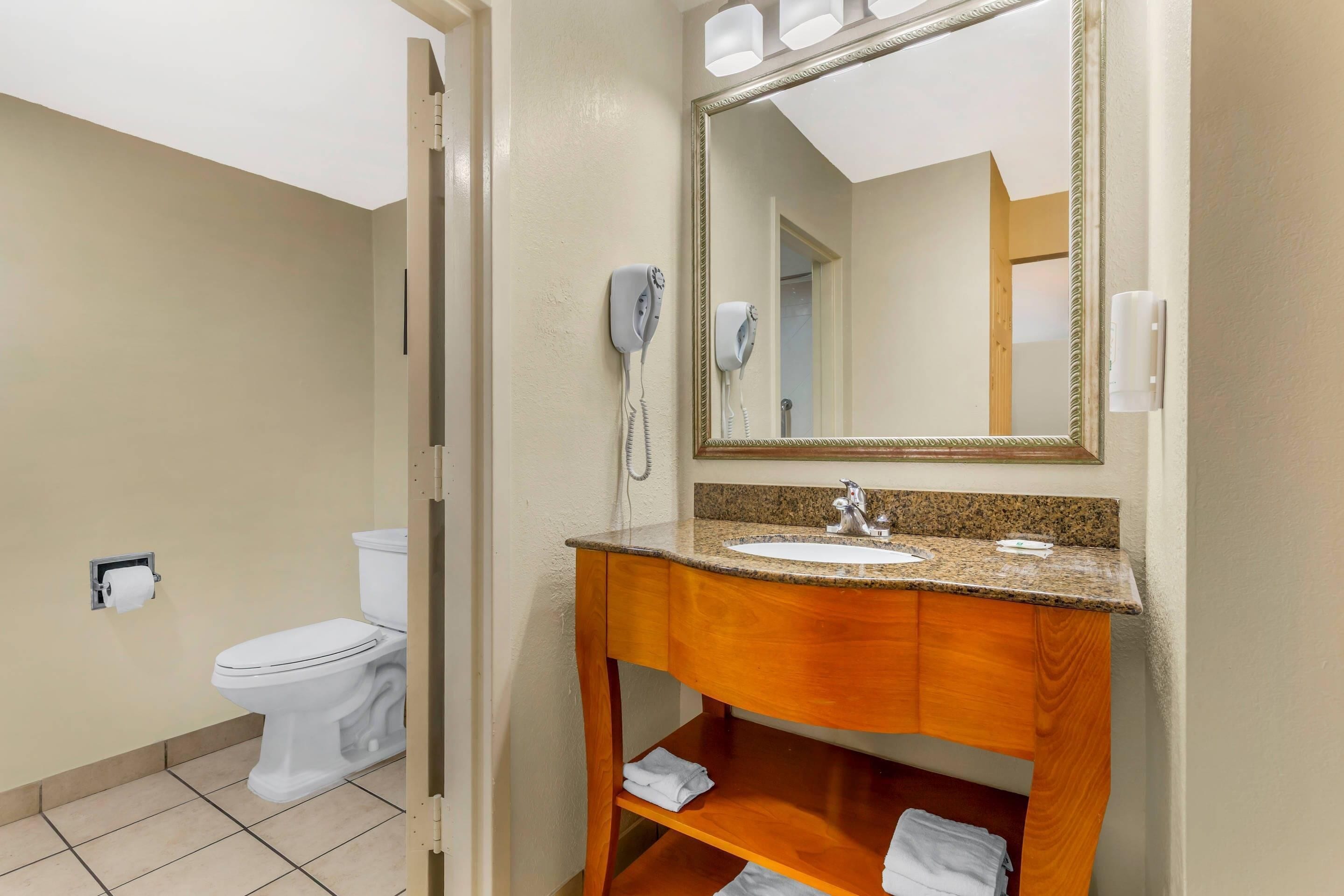 A bathroom with a toilet, a sink, a mirror, and a towel rack.