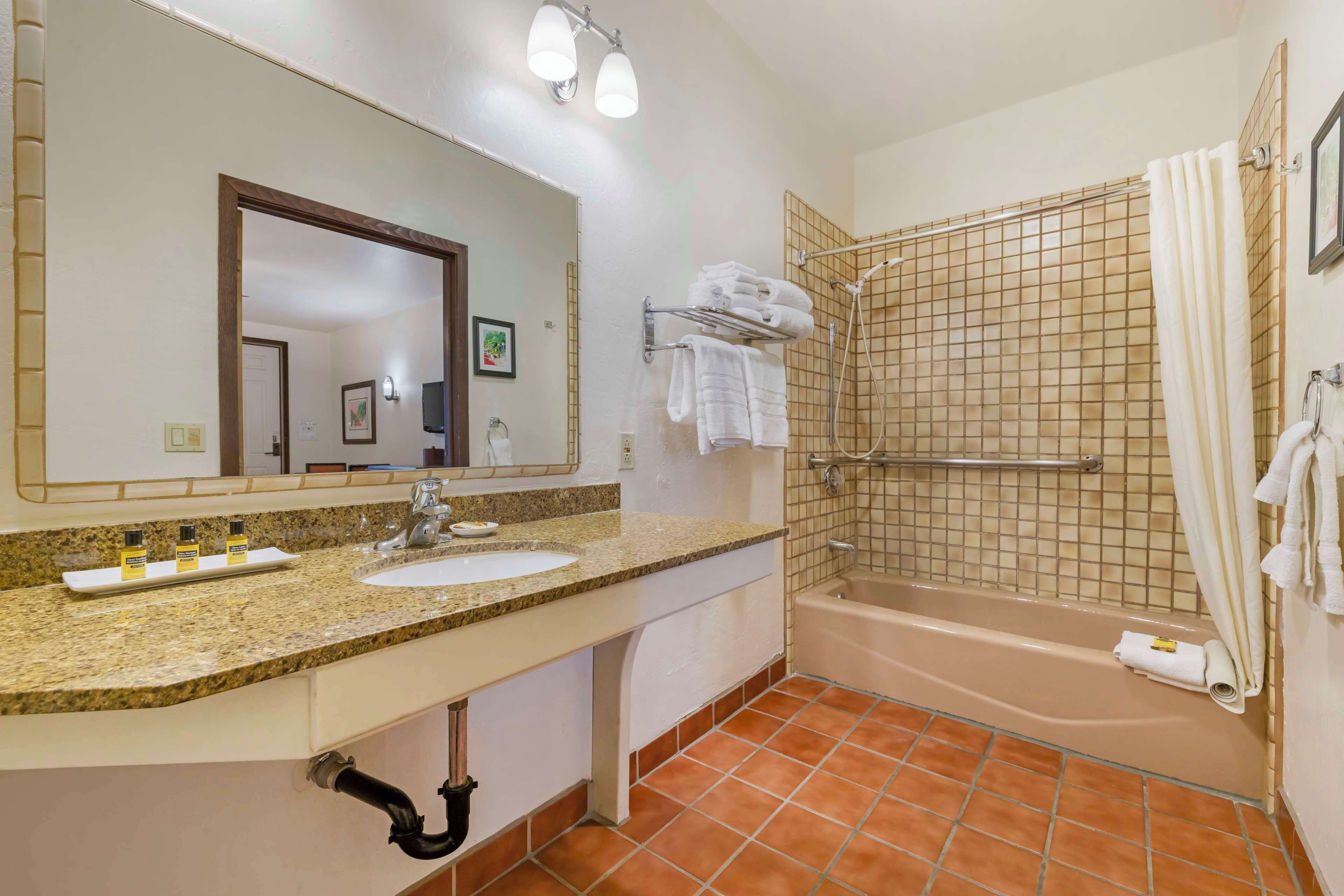 combined shower/bathtub, free toiletries, hair dryer, towels