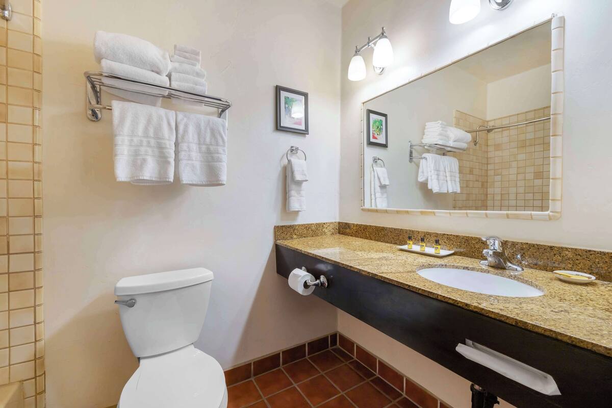 Un baño con inodoro, lavamanos y barra para toallas.