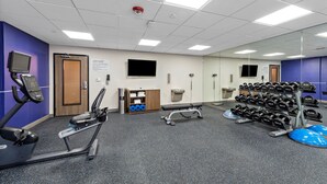 Une salle de sport équipée de matériel d’exercice, d’un téléviseur et d’un miroir.