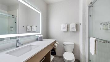 Shower, free toiletries, hair dryer, towels