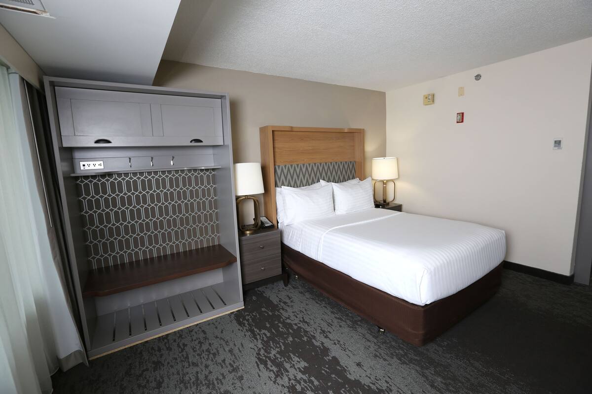 In-room safe, desk, iron/ironing board, cribs (free)