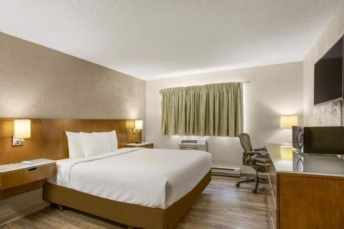 Habitación de hotel con cama, mesitas de noche, escritorio, silla, televisión de pantalla plana y ventana con cortinas.