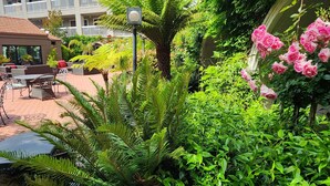 Un espacio exterior exuberante con diversas plantas, entre ellas helechos y arbustos florecientes, una zona de estar con mesas y sillas, y un edificio con balcones al fondo.