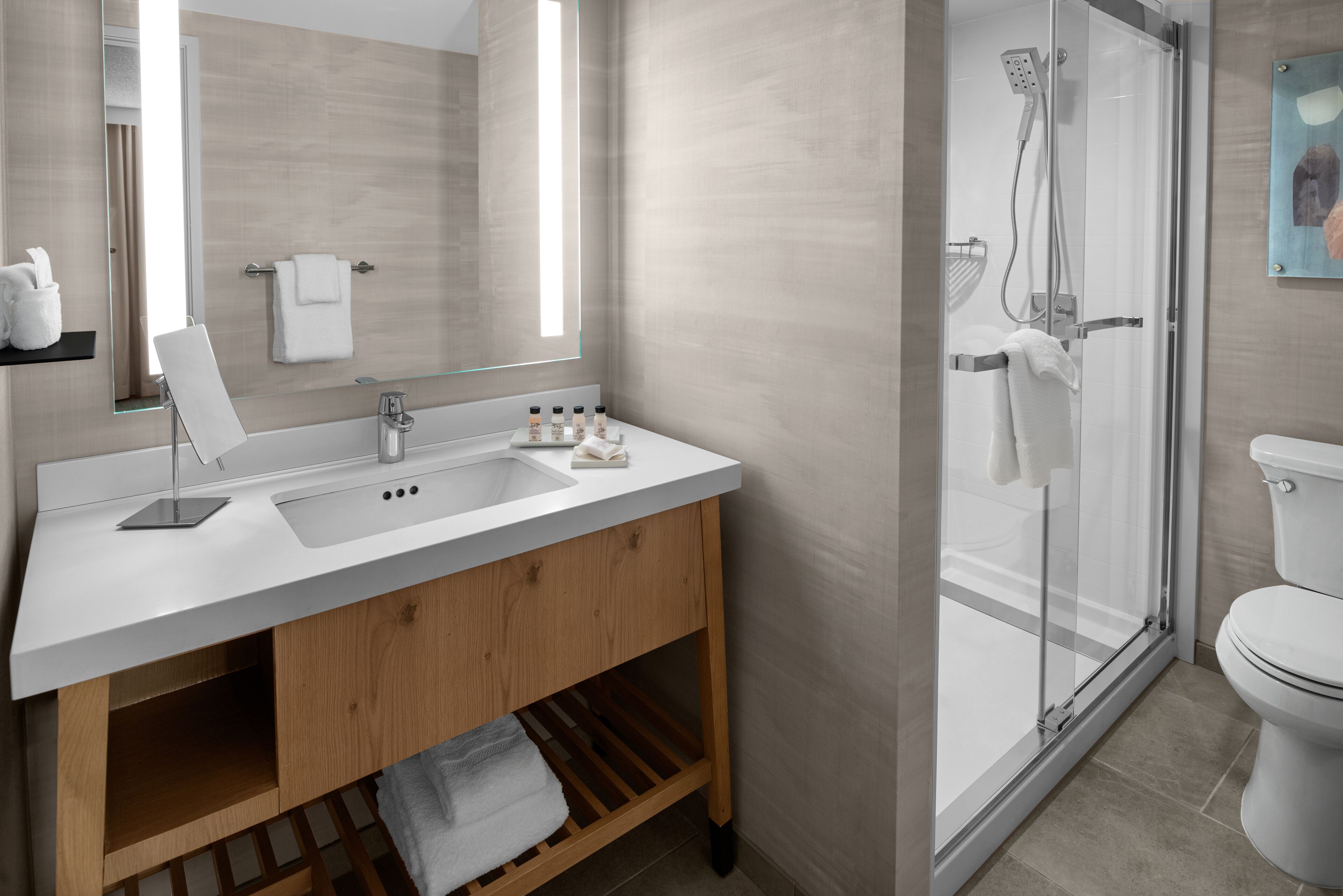 combined shower/bathtub, hair dryer, towels, soap