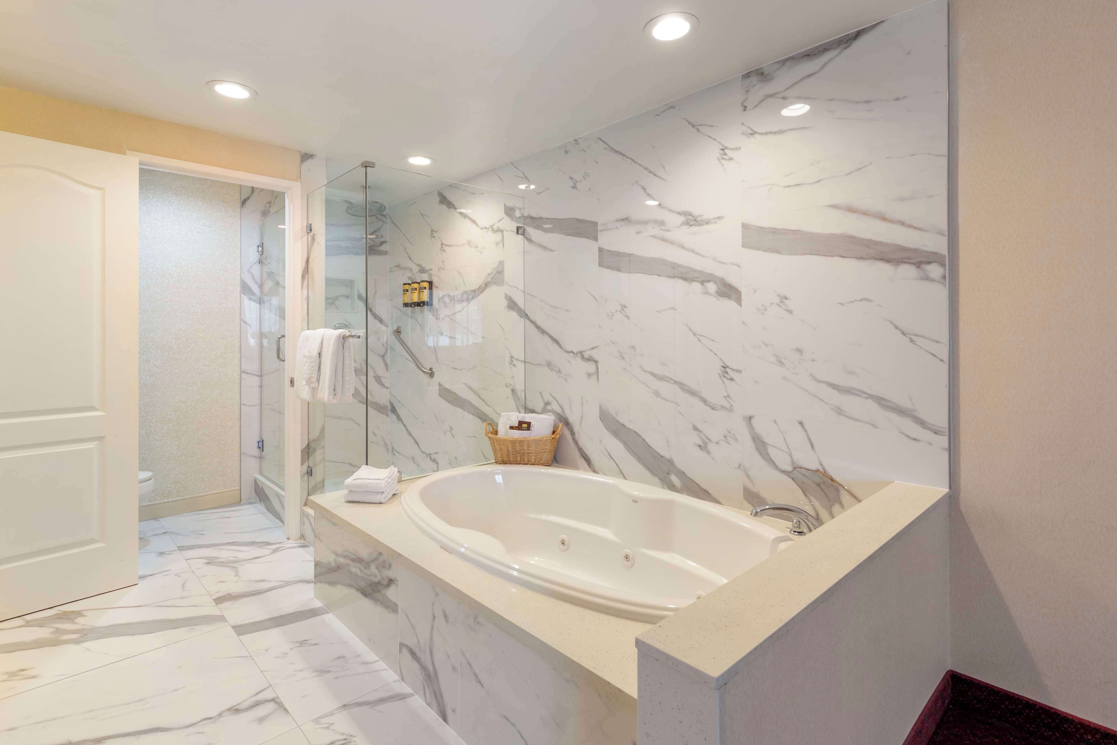 combined shower/bathtub, free toiletries, hair dryer, towels