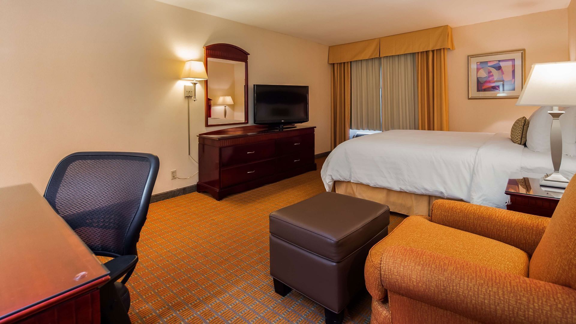 In-room safe, desk, laptop workspace, blackout curtains