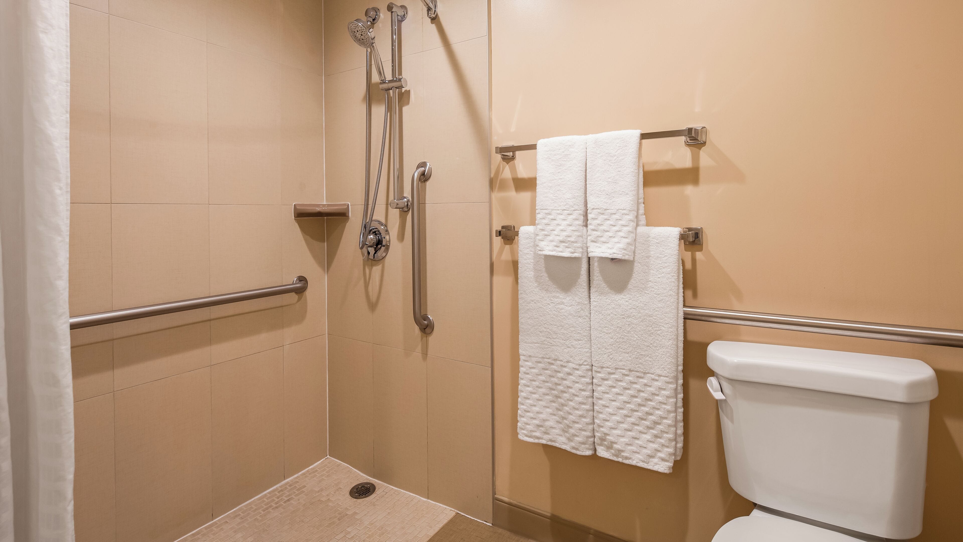 A bathroom with a shower, grab bars, a toilet, and a towel rack.
