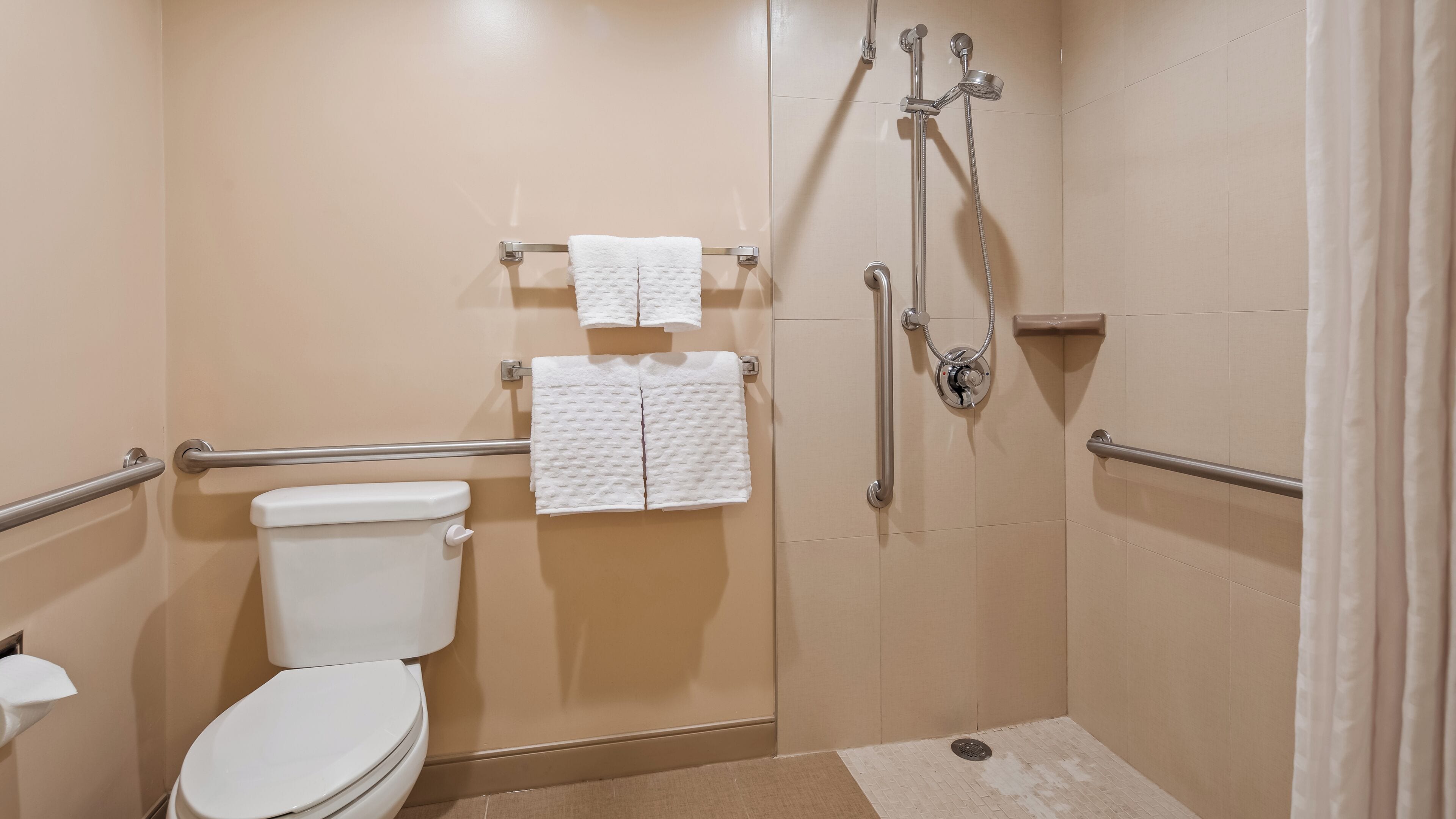 Un baño accesible para personas con movilidad reducida, con inodoro, barras de apoyo, ducha con cabezal de ducha manual y dos toallas en un escurreplatos.