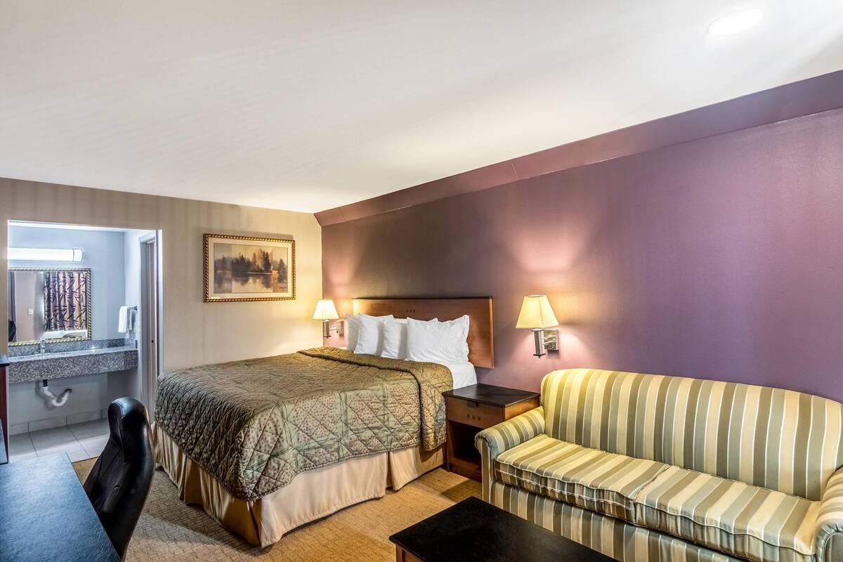 A hotel room with a bed, a sofa, a desk with a chair, a nightstand, and a wall-mounted lamp.