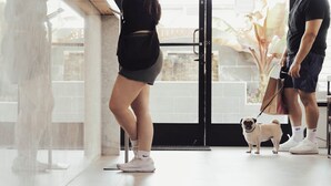 A person walking a small dog in a modern indoor space with a glass door and a view of the outside. - The Dixie Hollywood (Los Angeles)