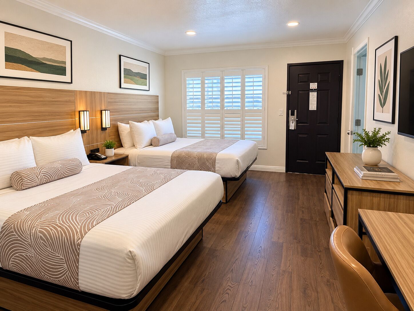 A hotel room with two beds, a desk, and a door.