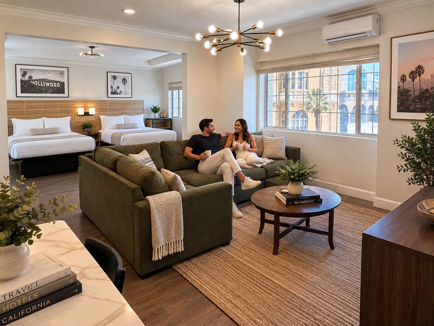Une chambre d’hôtel avec un lit, un canapé, une table basse et une grande fenêtre donnant sur un beau paysage.