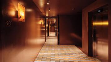 Un couloir avec un sol à motifs, un luminaire fixé au mur et un ascenseur.