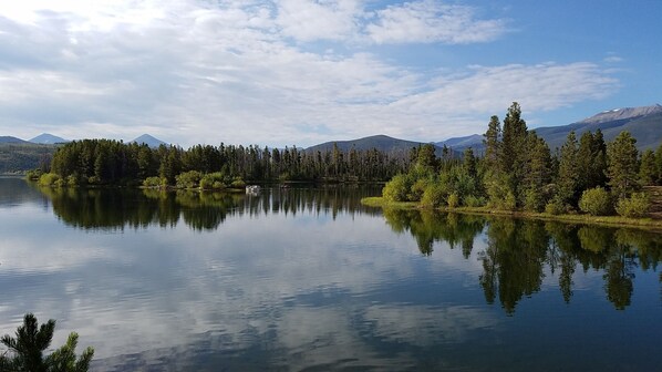 A calm lake with dense forest and mountains in the background.