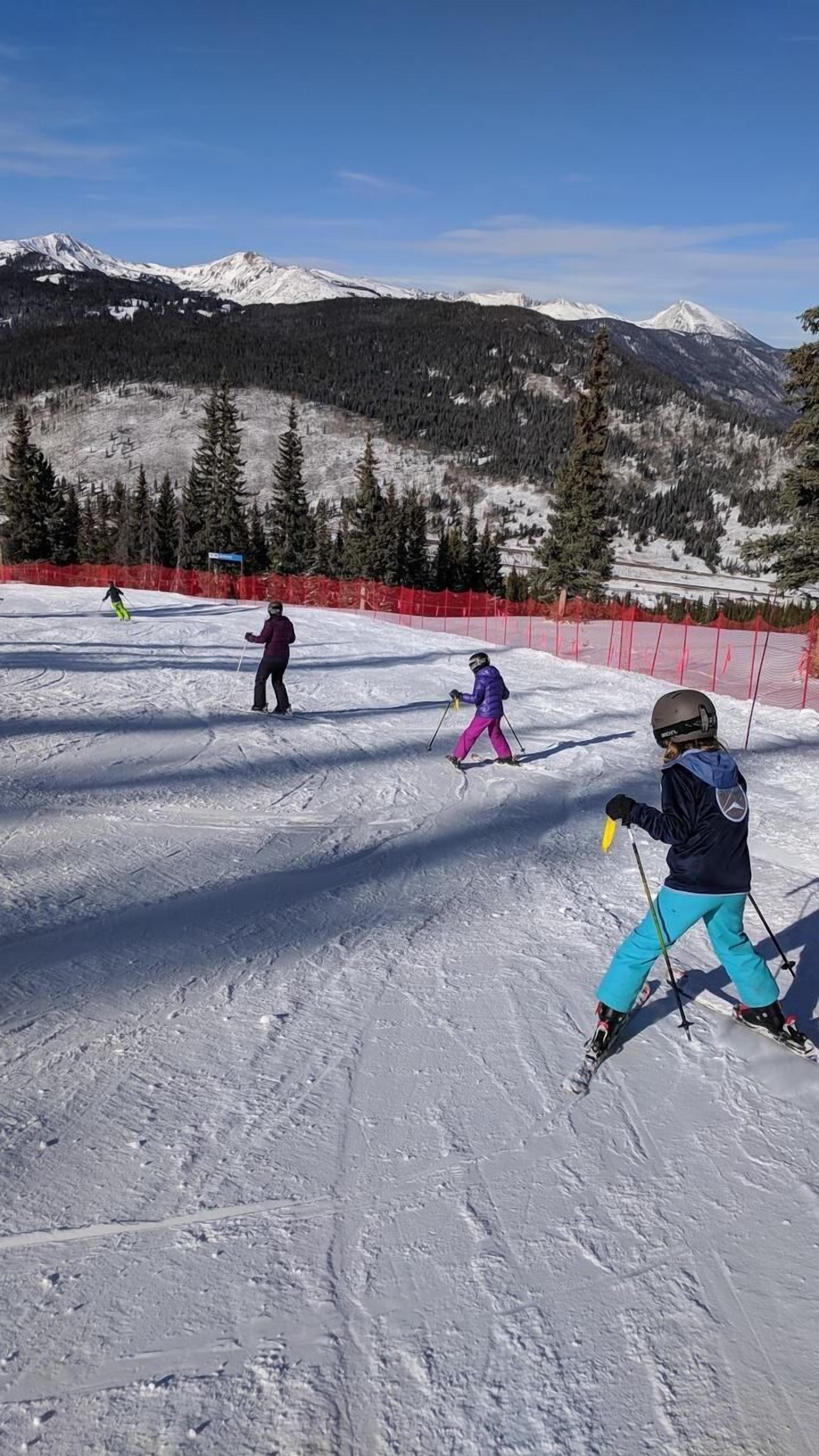 Une piste de ski avec des skieurs, une barrière de sécurité rouge et des montagnes enneigées en arrière-plan.