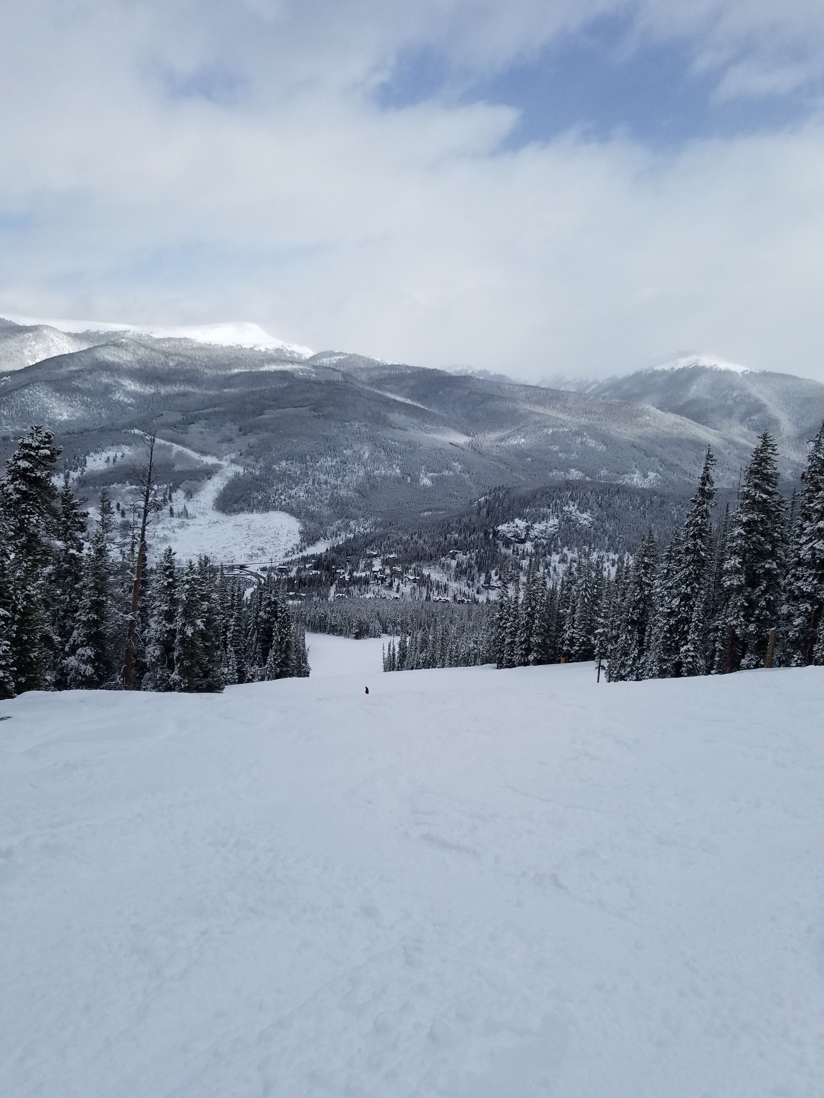 A snowy mountain landscape with dense forests and a clear sky.