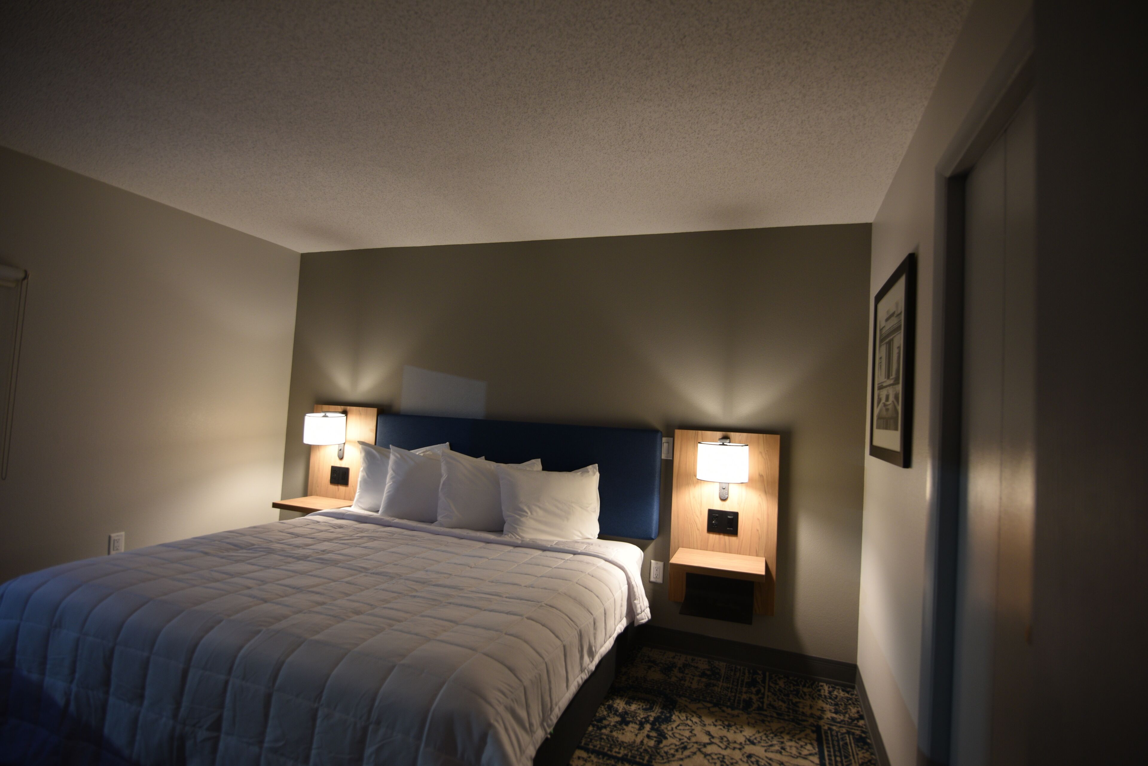 A hotel room with a large bed, two bedside lamps, a headboard, and a framed picture on the wall.