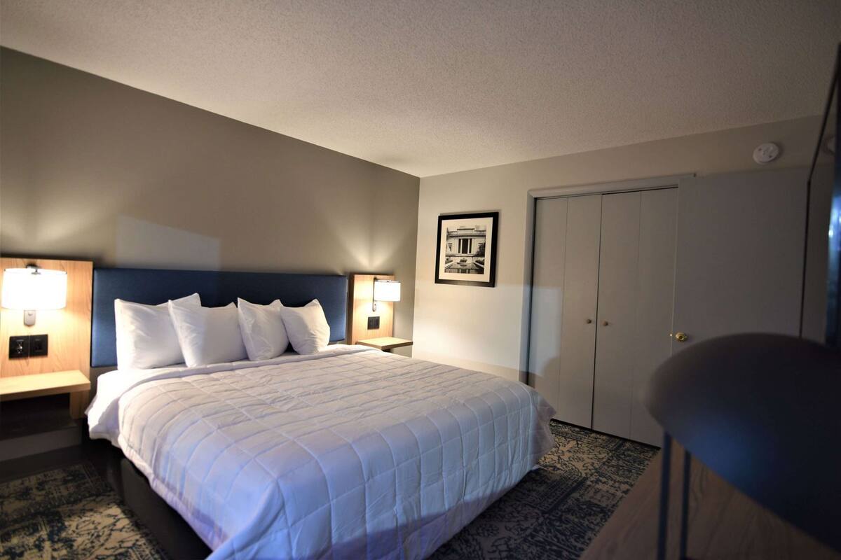 Een hotelkamer met een groot bed, twee bedlampen, een lijst aan de muur en een kledingkast.