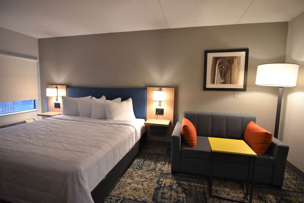 Suite, 1 King Bed, Accessible, Non Smoking (Mobility) | Desk, laptop workspace, blackout drapes, iron/ironing board