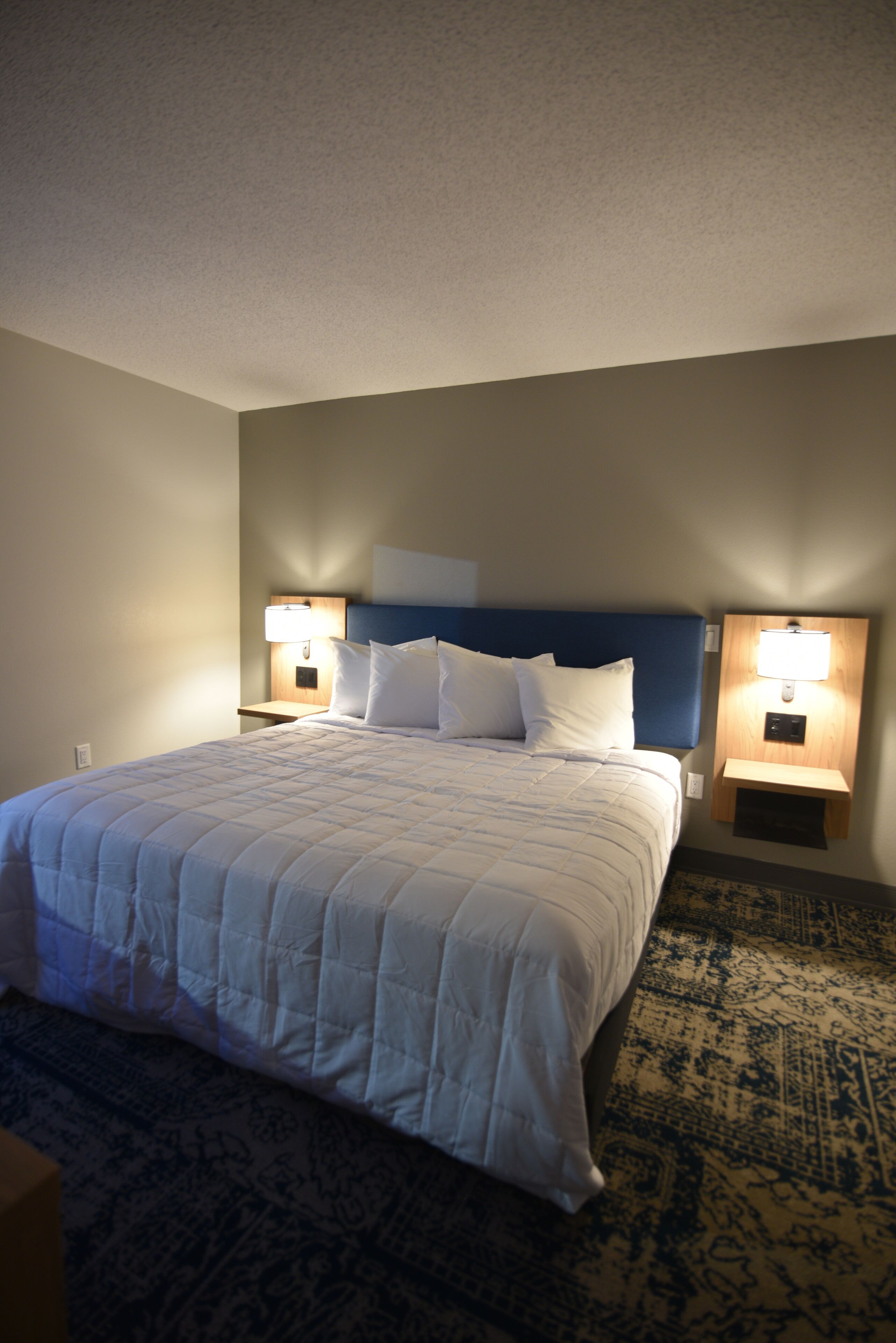 A neatly made bed with a blue headboard, two bedside lamps, and a patterned rug.