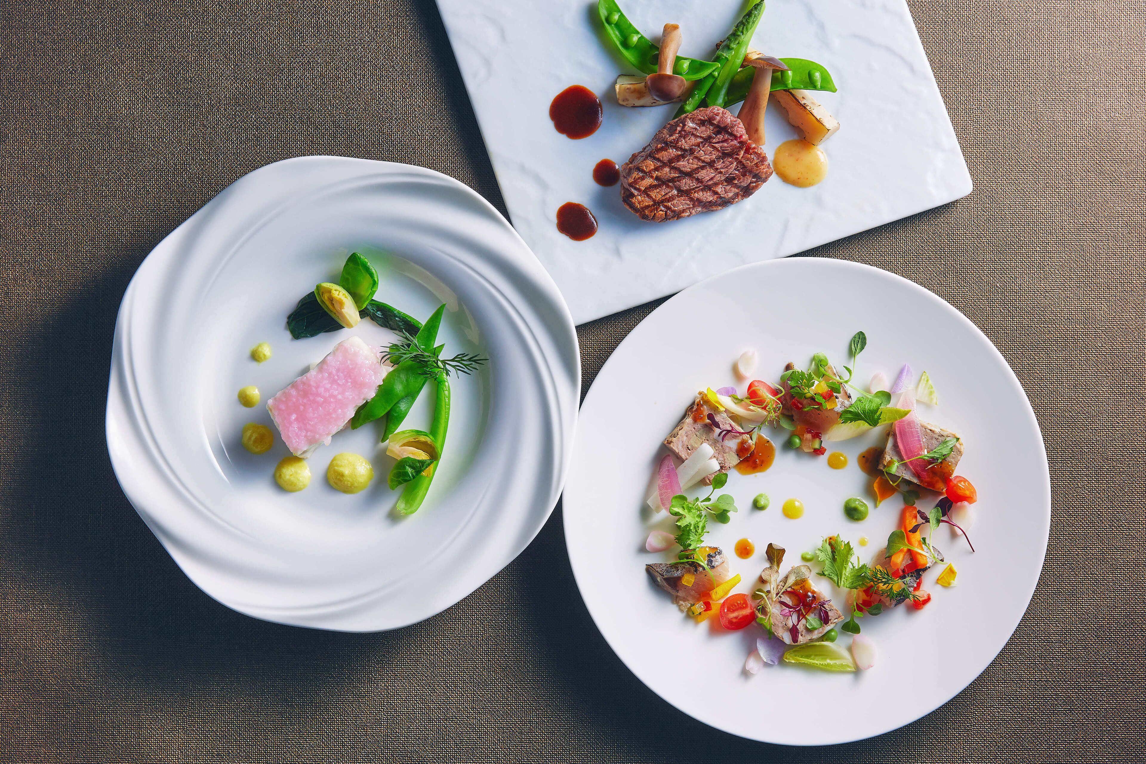 Dos platos blancos con distintos guisos, uno con verduras verdes y el otro con una variedad de ingredientes coloridos.