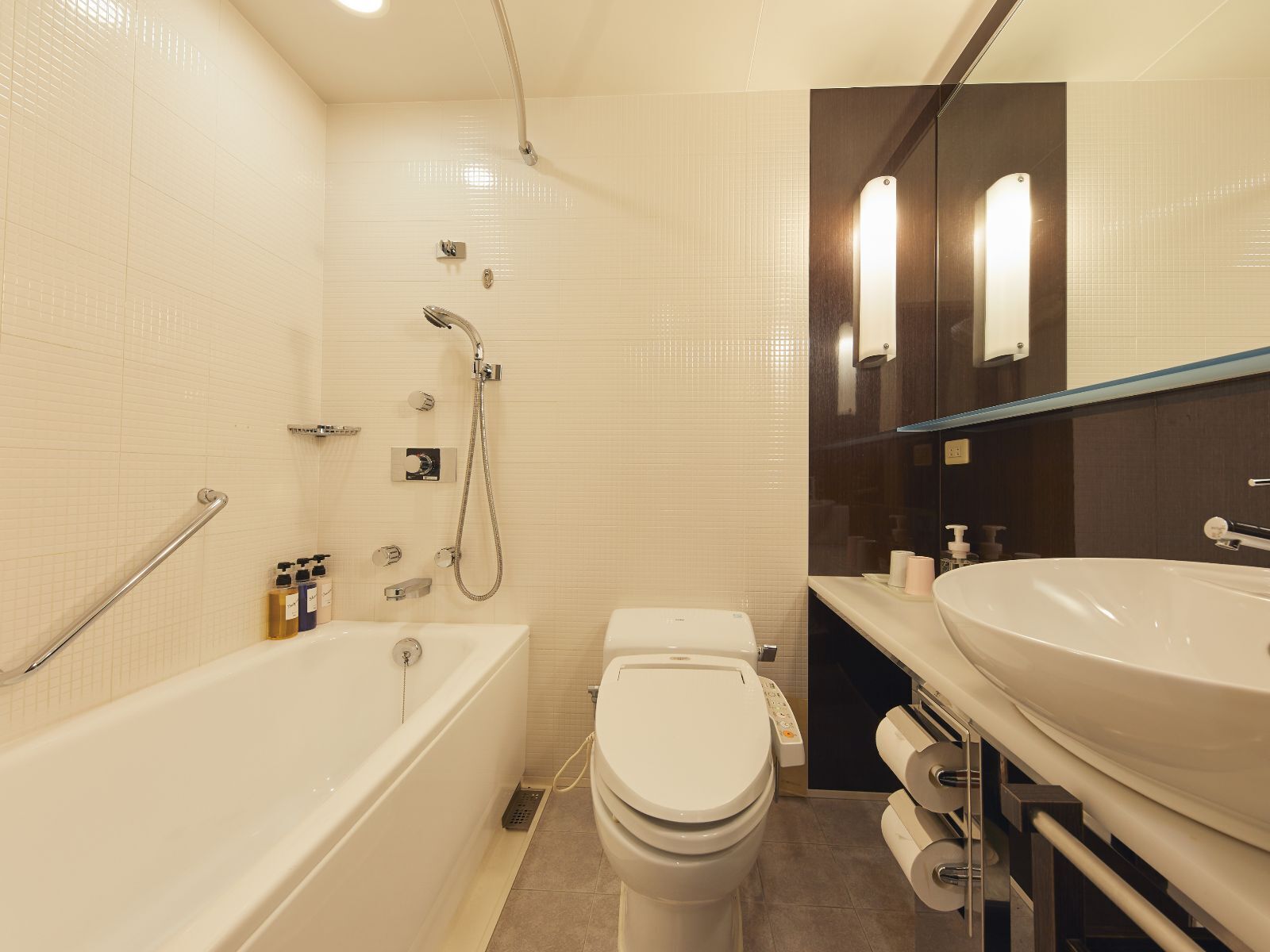 combined shower/bathtub, free toiletries, hair dryer, slippers