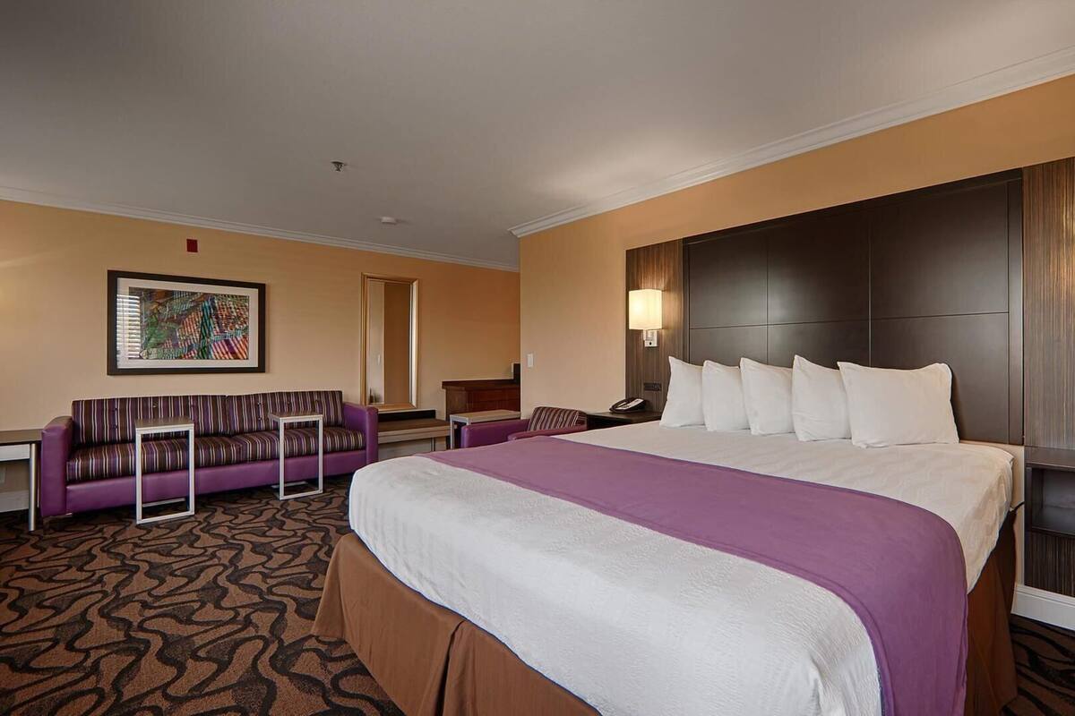 Een hotelkamer met een groot bed, een bank, een bureau en een televisie aan de muur.