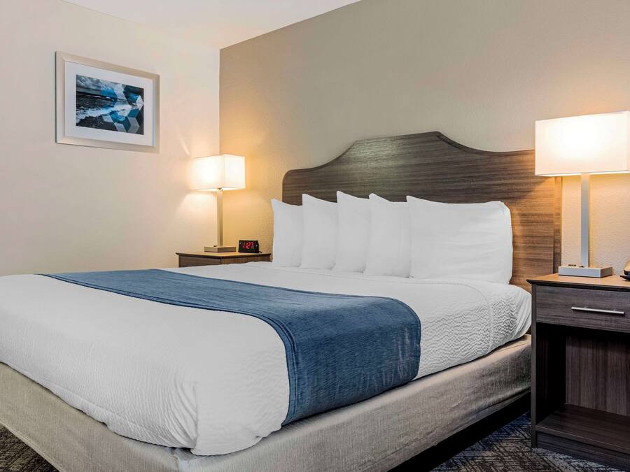 Een opgemaakt bed met wit en blauw beddengoed, twee bedlampjes, een klok en een lijst met een afbeelding aan de muur.