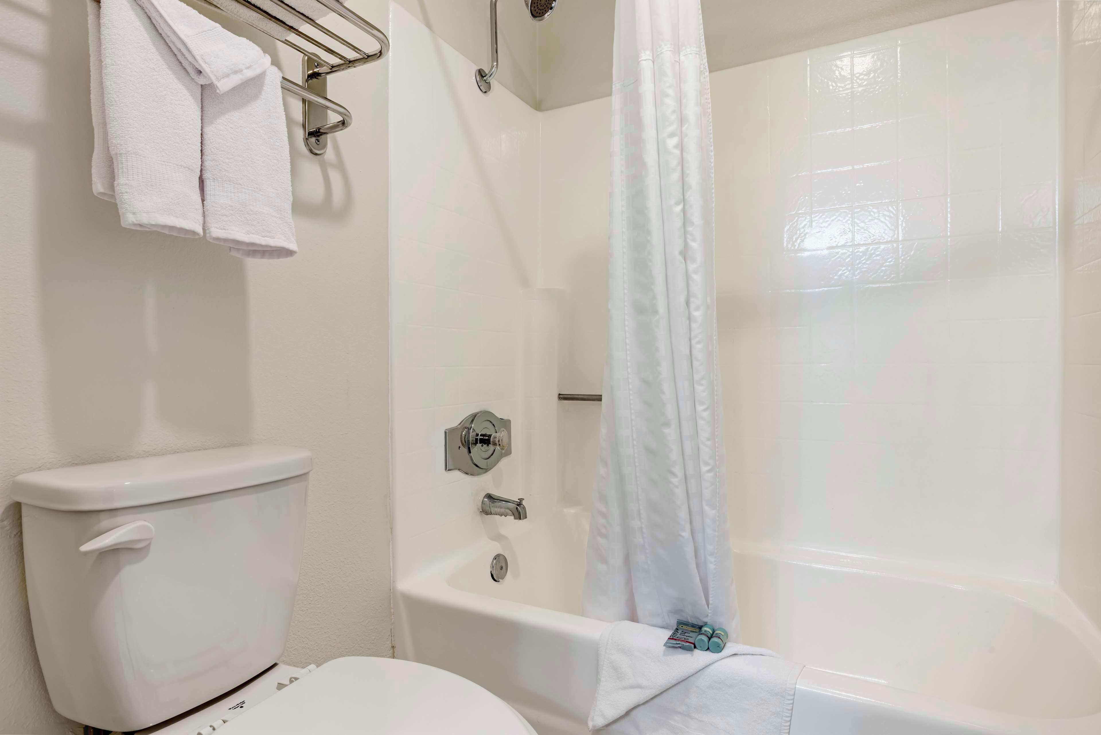 A bathroom with a toilet, a bathtub, and a shower curtain.
