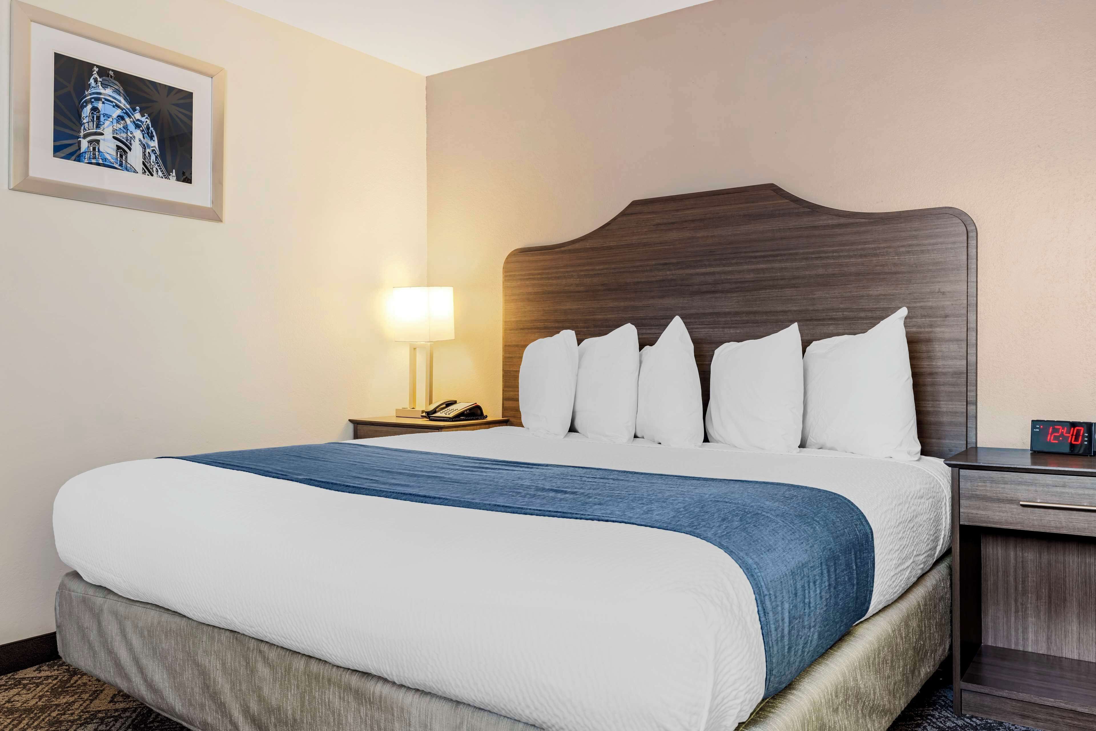 A hotel room with a large bed, a nightstand with a lamp, and a framed picture on the wall.