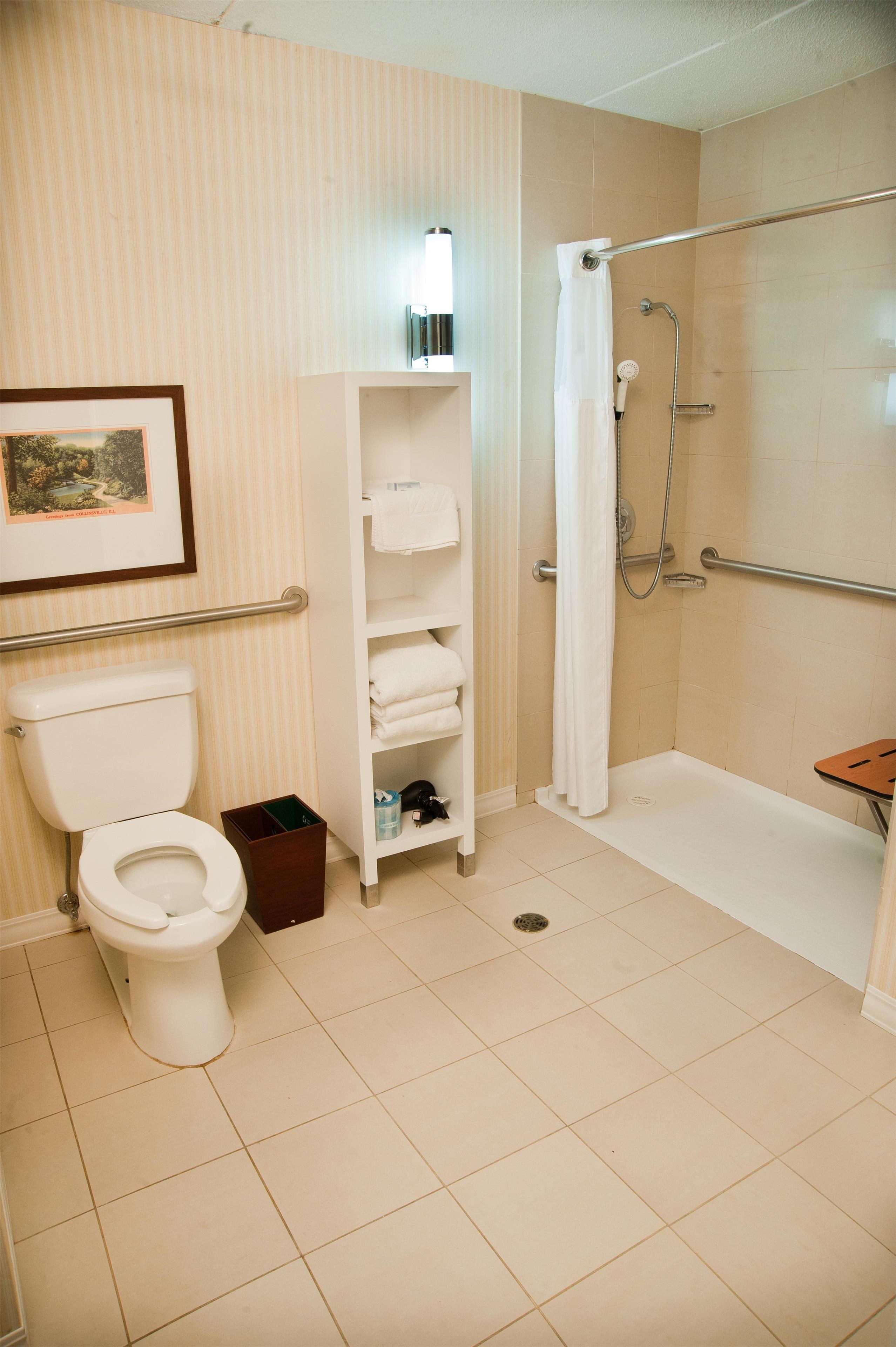 A bathroom with a toilet, a shower, a sink, and a towel rack.