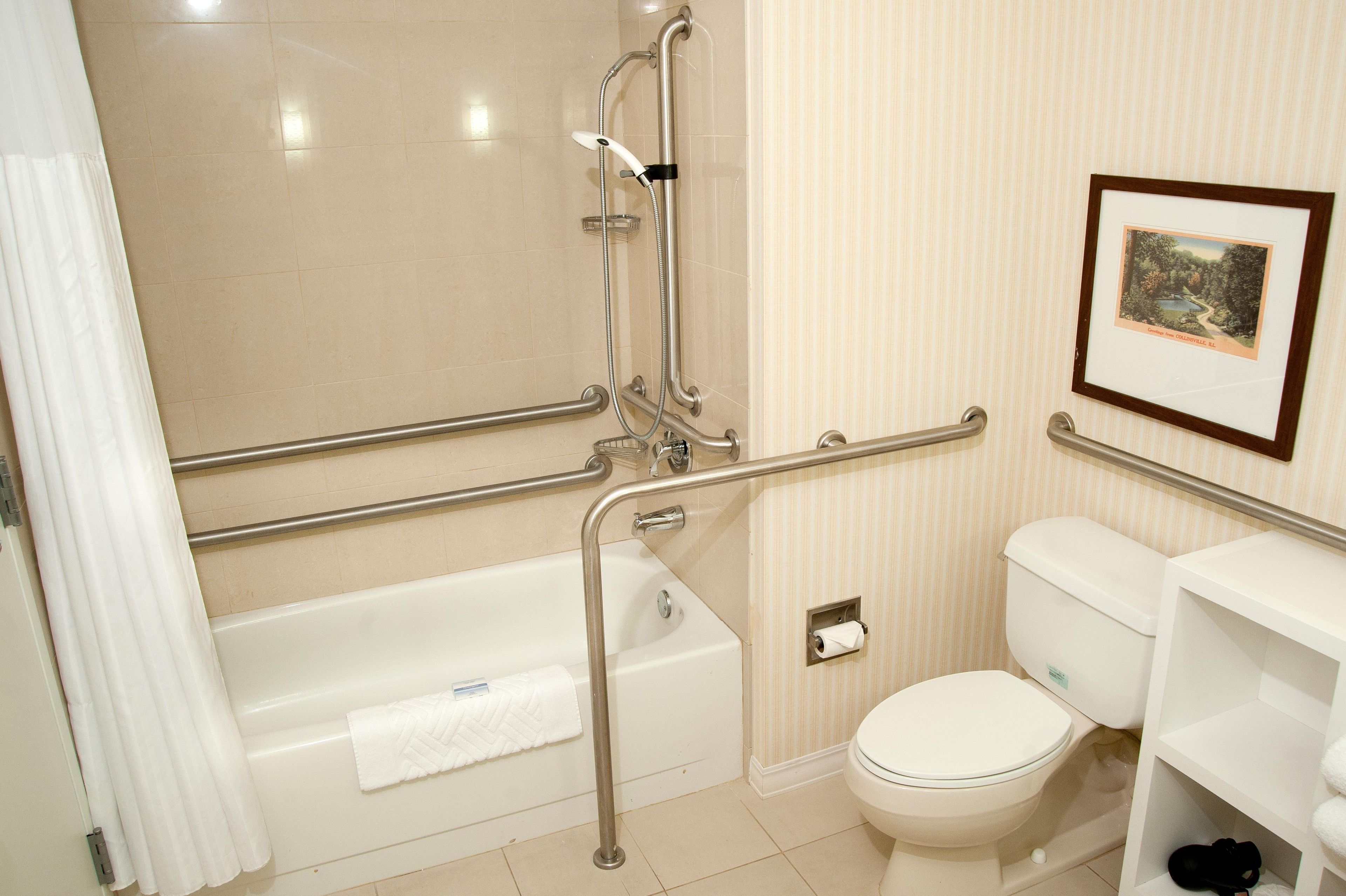 Un baño con bañera, inodoro y ducha con barras de apoyo.