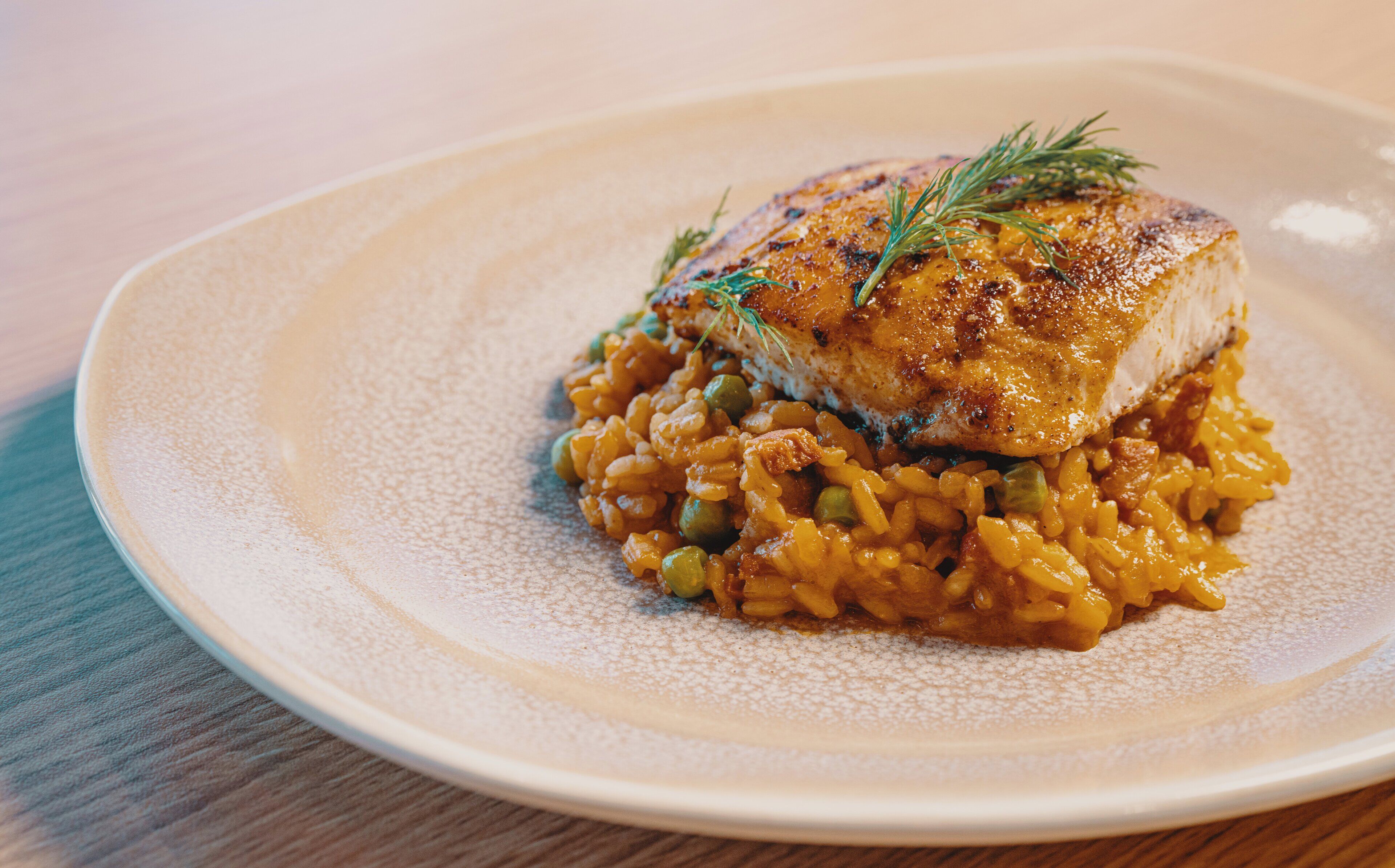 Un plato con pollo y arroz.