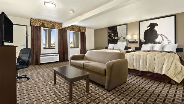 Una habitación de hotel con sofá, cama, televisor, escritorio y ventana con cortinas.