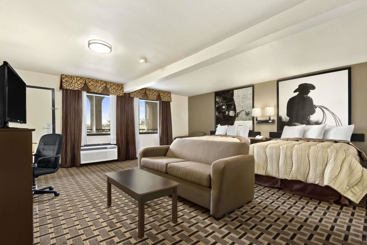 Une chambre d’hôtel avec un canapé, un lit, une télévision, un bureau et une fenêtre avec des rideaux.