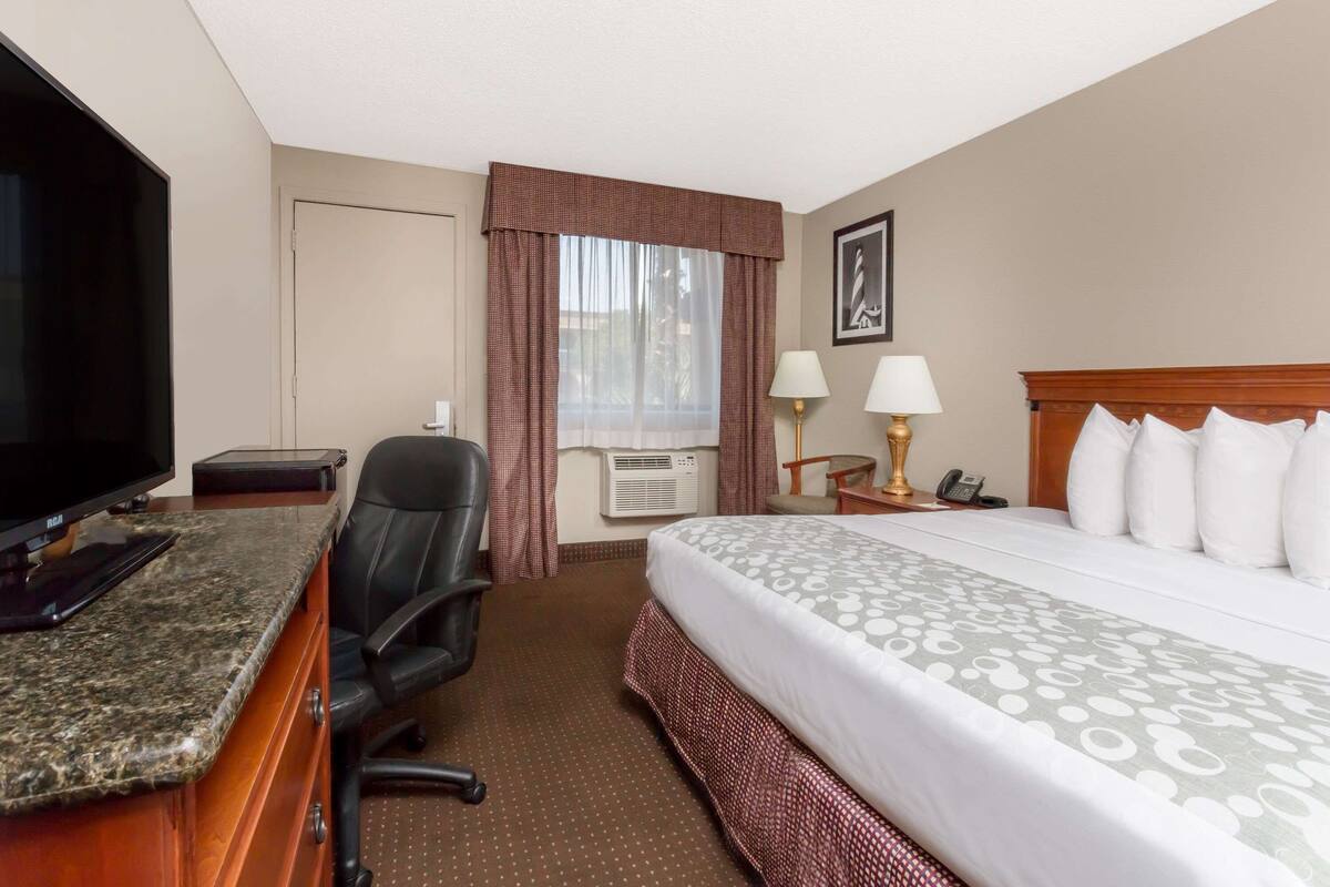 A hotel room with a bed, a desk with a TV, a chair, a window with curtains, and a lamp.